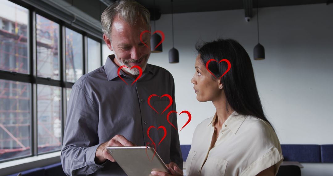 Diverse Colleagues Discussing Work with Heart Icons Overlay