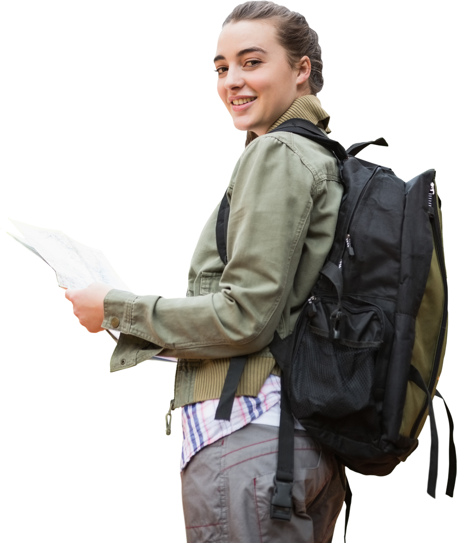 Portrait of Smiling Female Hiker with Maps and Gear on Transparent Background - Download Free Stock Images Pikwizard.com