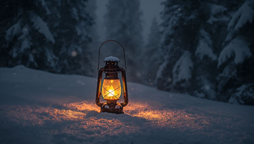 Vintage Lantern Glowing on Snowy Forest Floor at Night with Falling Snowflakes and Warm Amber Glow