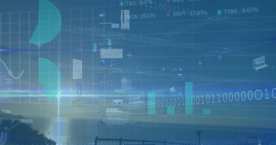 Binary Code and Financial Data in Digital Cityscape