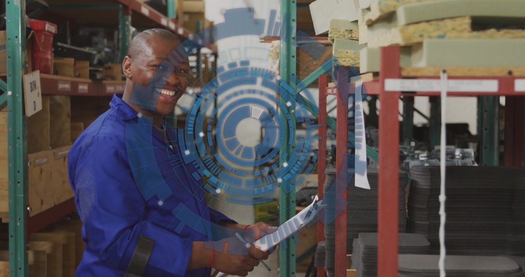 Warehouse worker checking inventory with clipboard and digital HUD overlay for logistics