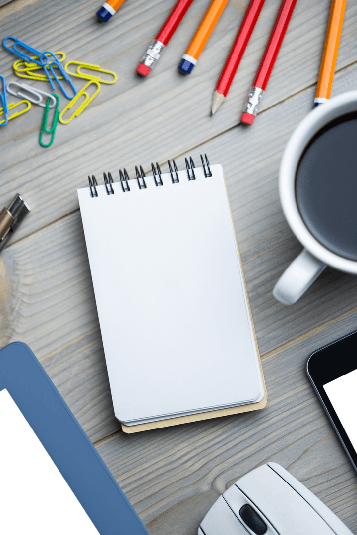 Transparent Notepad on Desk with Stationery and Coffee