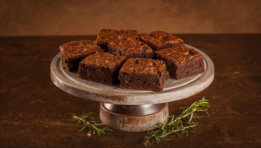 Serving rich fudgy chocolate brownies on rustic metal cake stand with rosemary