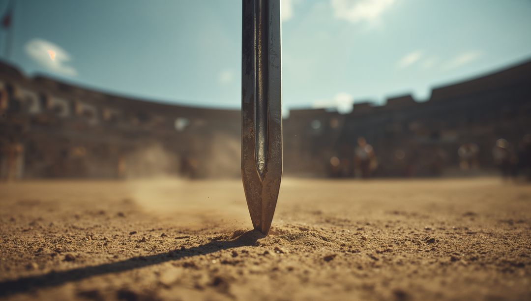 Spear Tip Piercing Sand in Sunlit Colosseum Arena, Gladiator Combat Closeup