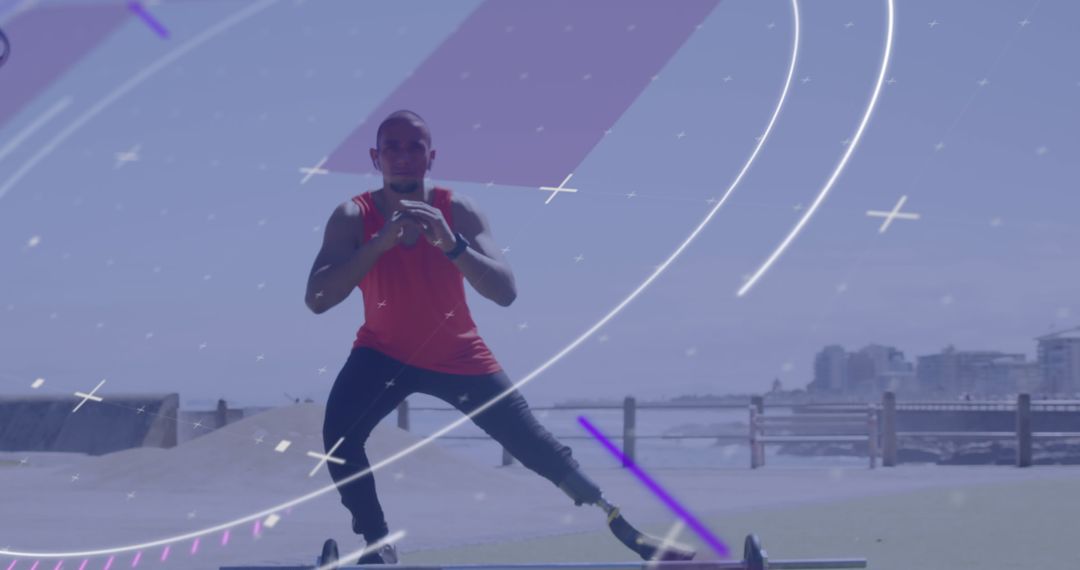 Male Athlete Exercising with Running Blade and Digital Interface