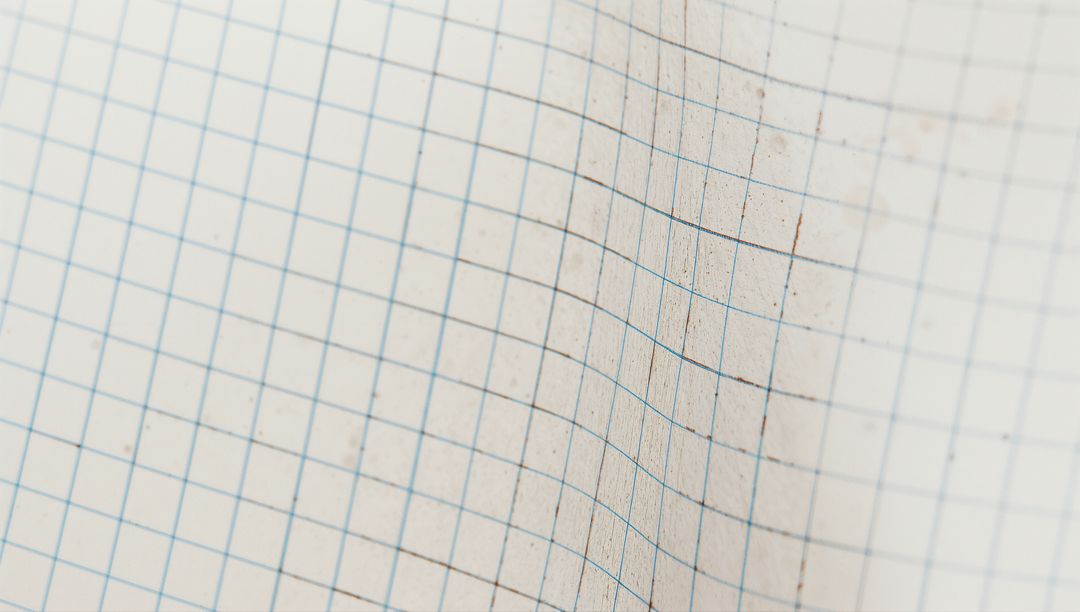 Curving Squared Graph Paper Closeup Showing Blue Grid, Smudges and Crease Texture