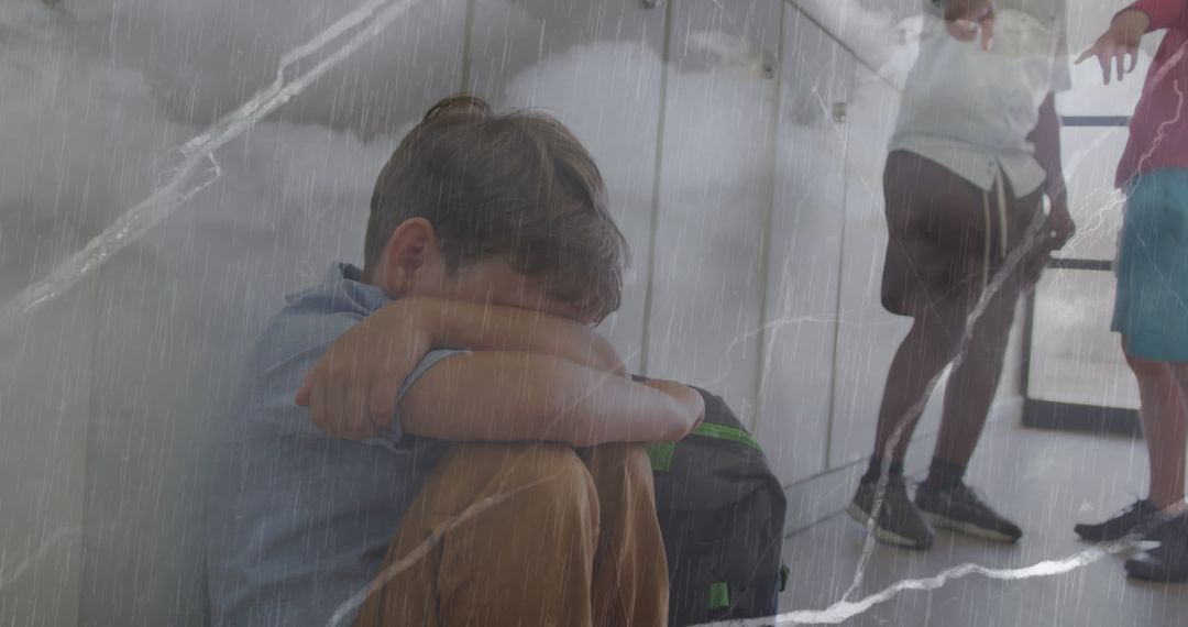 Sad Schoolboy in Corridor with Stormy Overlay