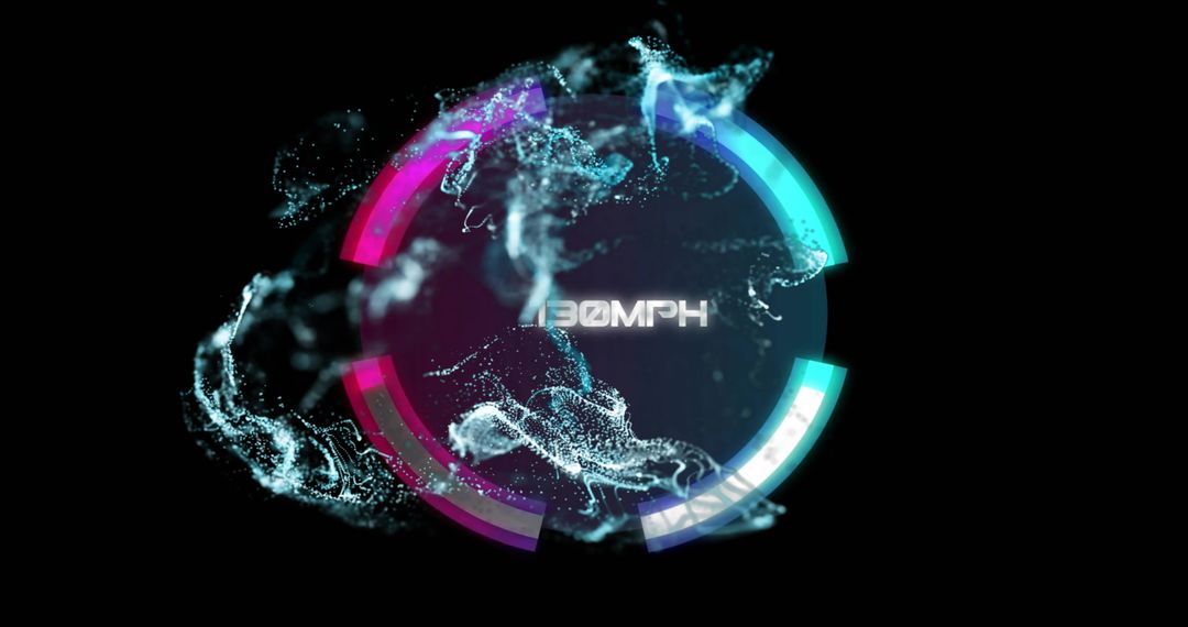 Neon Futuristic HUD Circle with Concentric Rings and Particle Ribbons Displaying 30MPH
