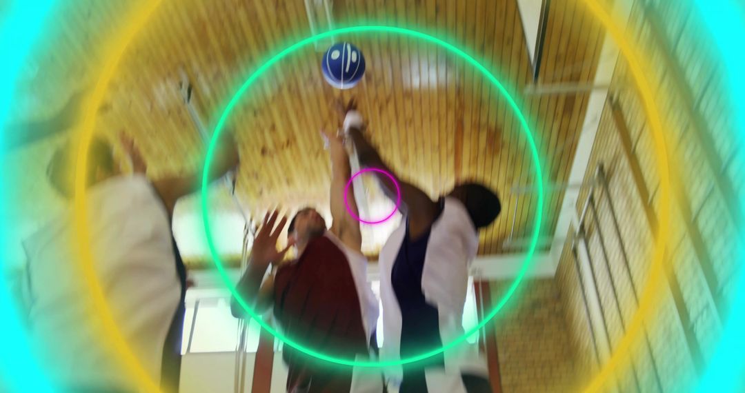 Dynamic Basketball Players Contesting Rebound in Gym