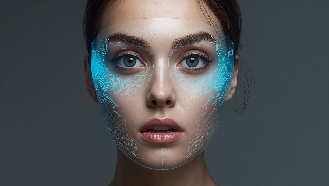 Futuristic Female Portrait Projecting Cyan Biometric HUD and Circuit Interface