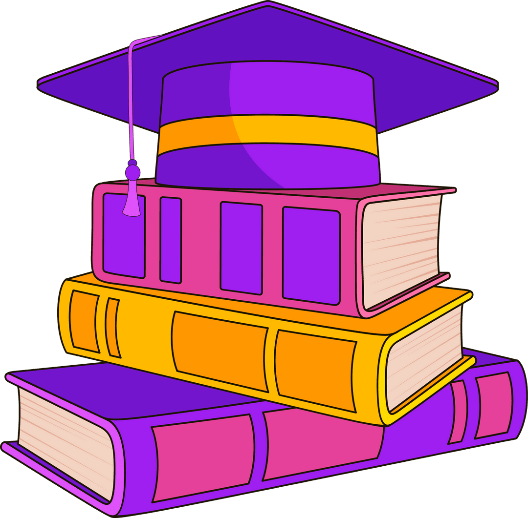 Colorful Books with Purple Graduation Cap on Transparent Background