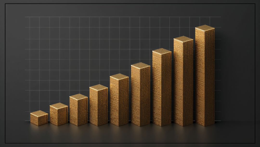 Golden Coin Stack Growth Chart on Dark Grid Minimalist Finance Wealth Concept 3D Render