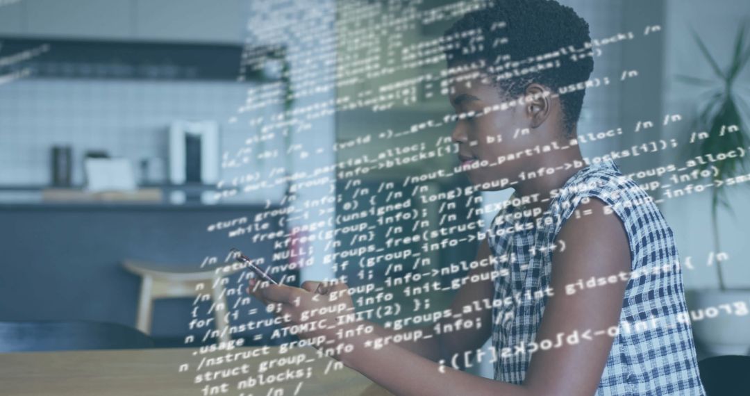 Woman Engaged in Smartphone Browsing with Computer Code Overlay