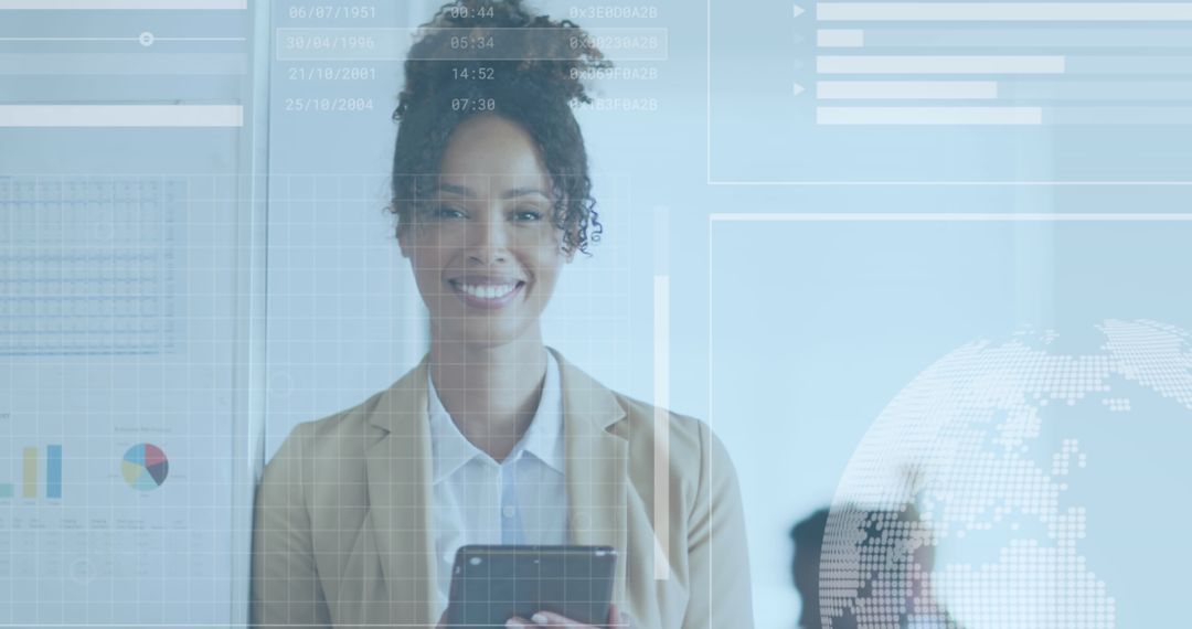 Businesswoman with Digital Data Interface in Modern Office