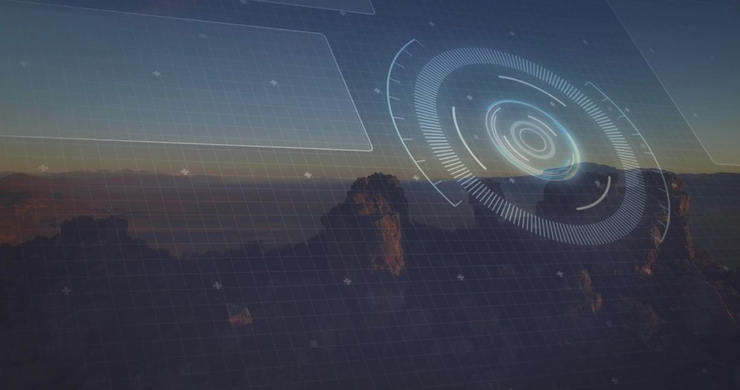 Dusk Desert Monoliths with Futuristic HUD Grid and Circular Reticle Overlay Tech Background