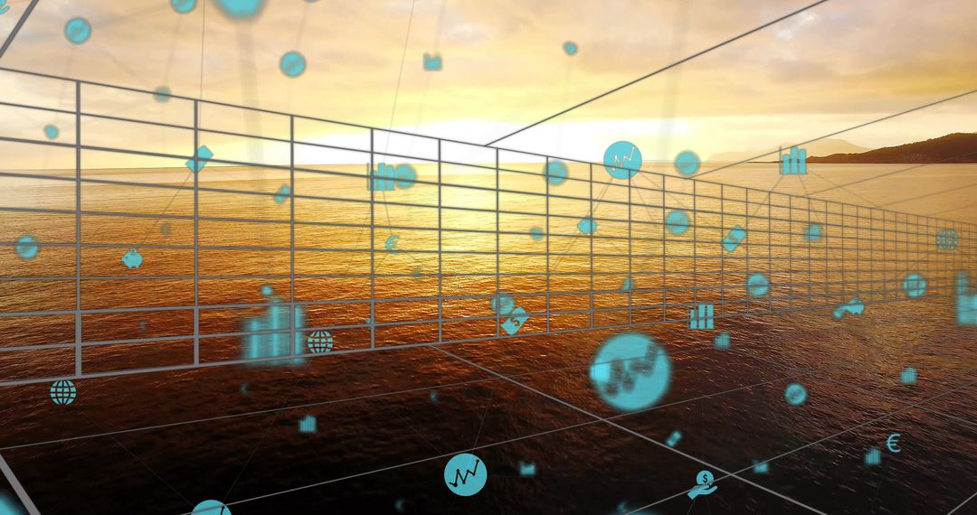 Digital Grid Projection Above Ocean Horizon at Sunset