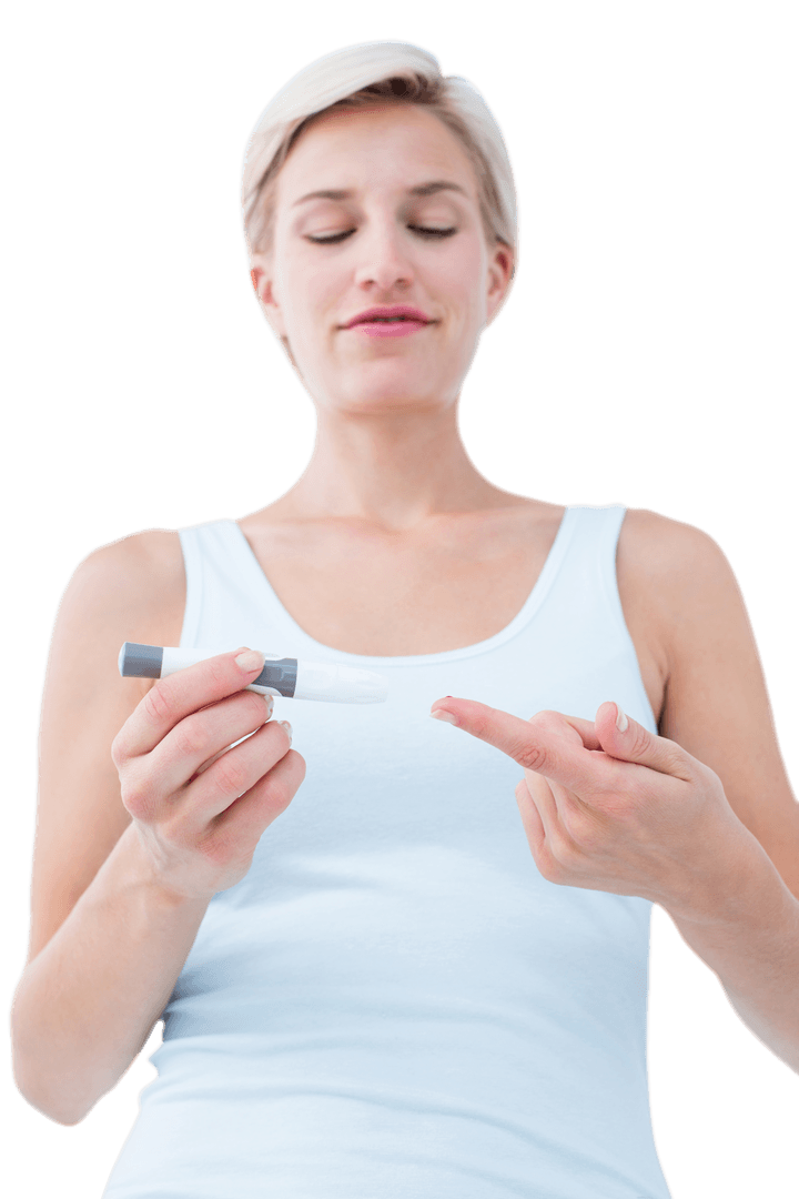Smiling Woman Testing Blood Glucose on Transparent Background