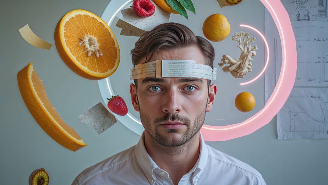 Conceptual Futuristic Portrait with Floating Elements and Neon