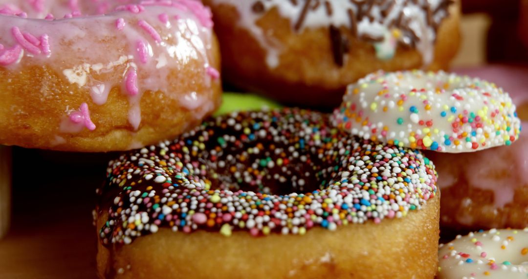 Close-Up of Colorful Sprinkled Donuts Display - Free Images, Stock Photos and Pictures on Pikwizard.com