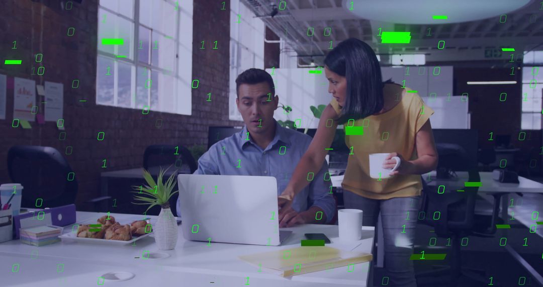 Colleagues Collaborating on Laptop in Modern Office with Tech Overlay