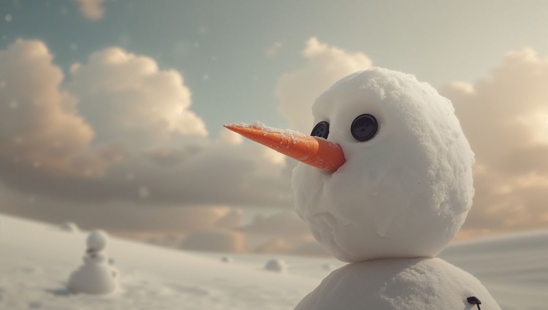 Snowman Head with Carrot Nose in Tranquil Winter Landscape