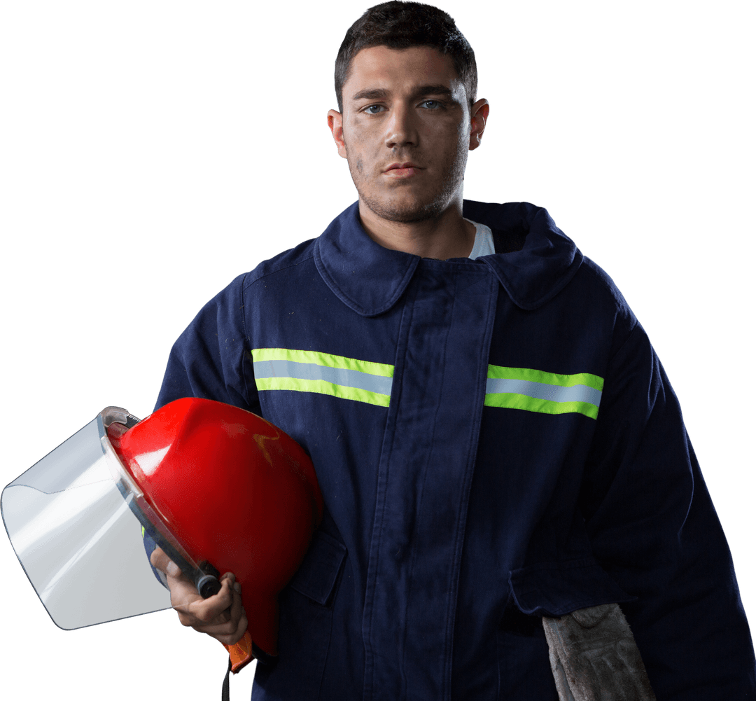 Transparent Male Firefighter Holding Red Helmet in Uniform