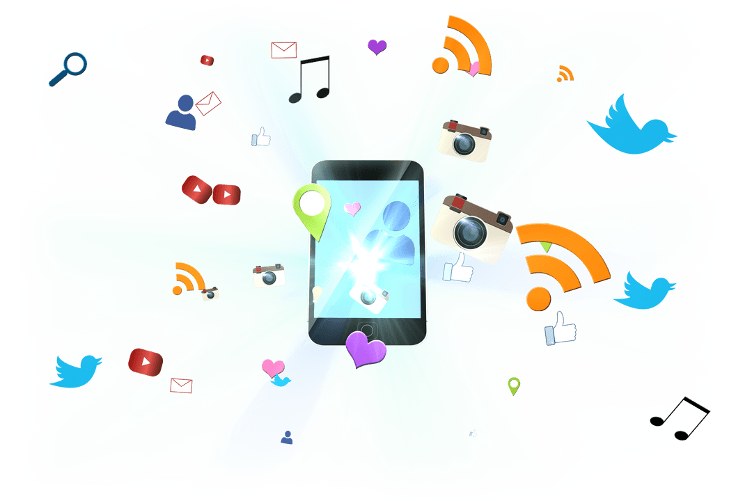 Smartphone Surrounded by Vibrant Social Media Icons on Transparent Background