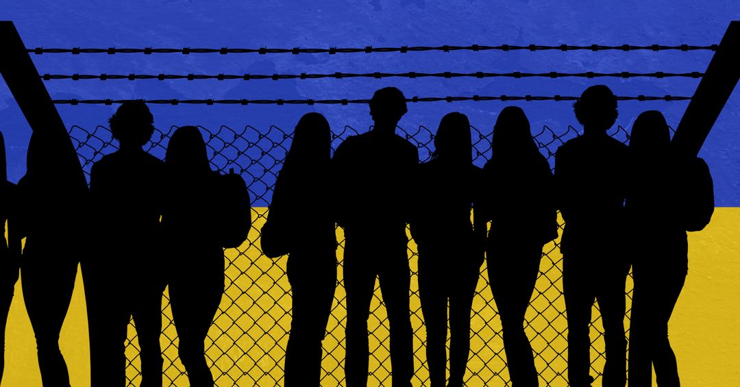 Silhouette of group of college students against iron fence and ukraine flag background - Free Images, Stock Photos and Pictures on Pikwizard.com