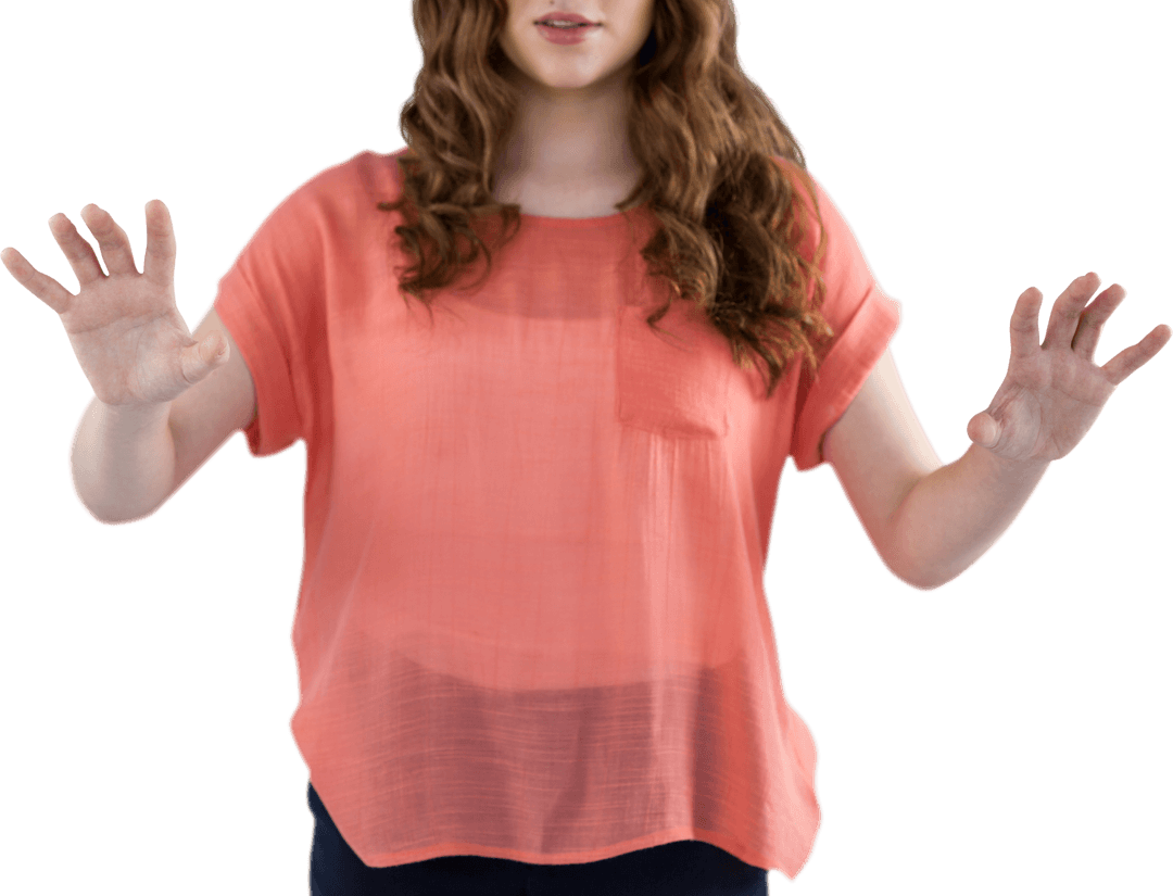 Woman Gesturing With Hands in Transparent Red Shirt