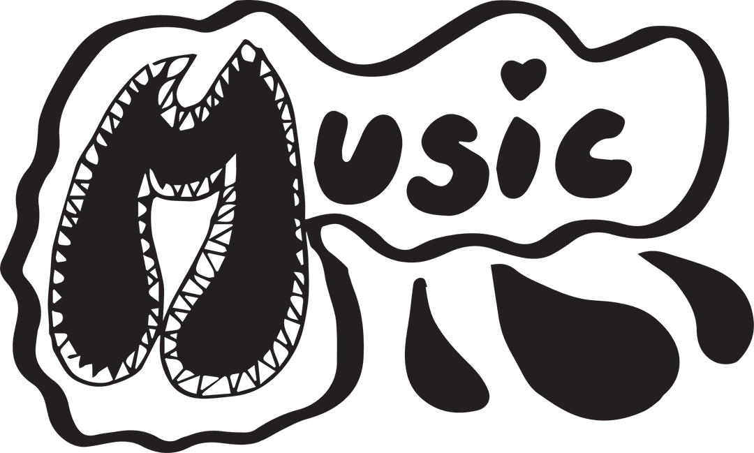 Hand-Drawn Music Text with Creative Black Drops on Transparent Background