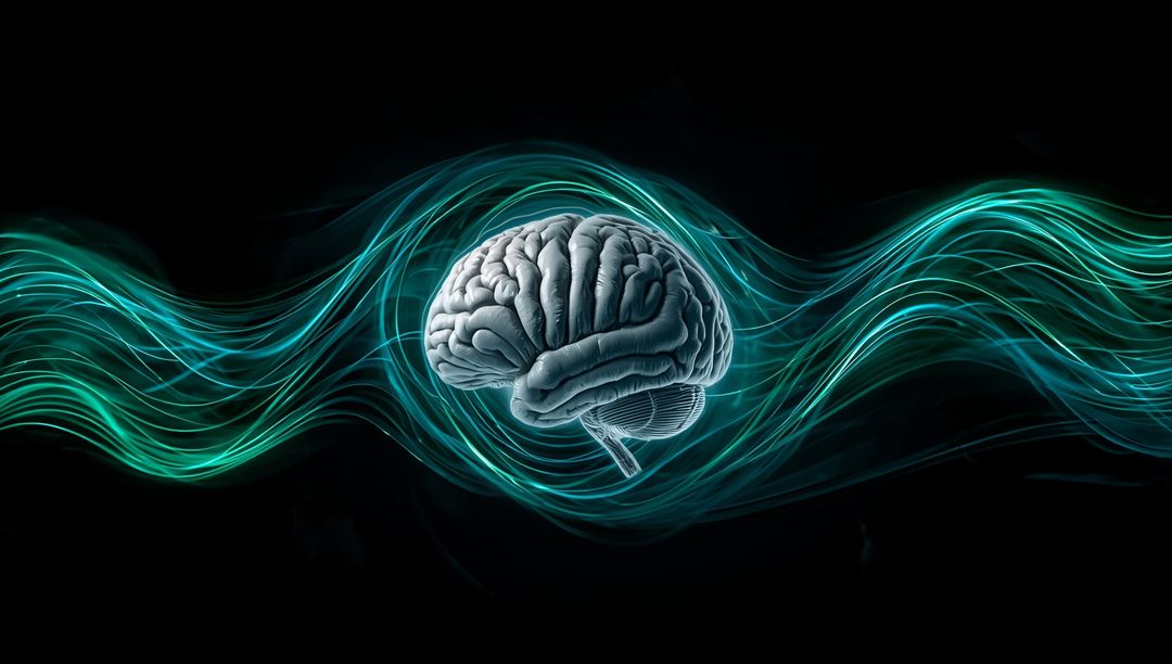 Floating Brain in Streaming Digital Matrix Illustrating Futuristic Innovation