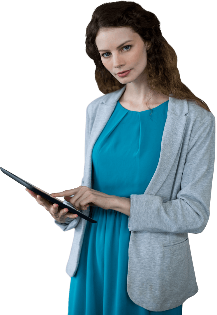 Confident Businesswoman Using Digital Tablet on Transparent Background
