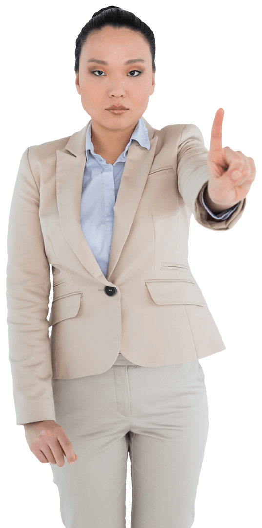 Transparent Serious Asian Businesswoman Pointing with Determined Expression
