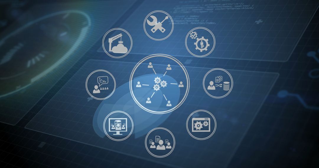 Network Icons and Central Gear on Digital Interface Grid