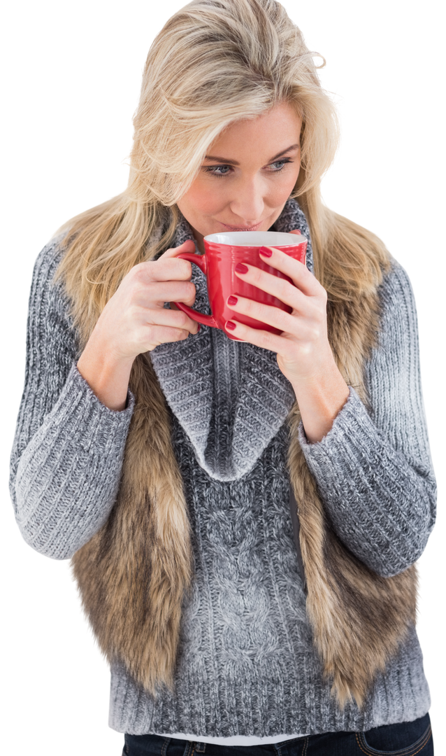 Blonde woman in winter clothes sipping from red mug transparent background - Download Free Stock Images Pikwizard.com