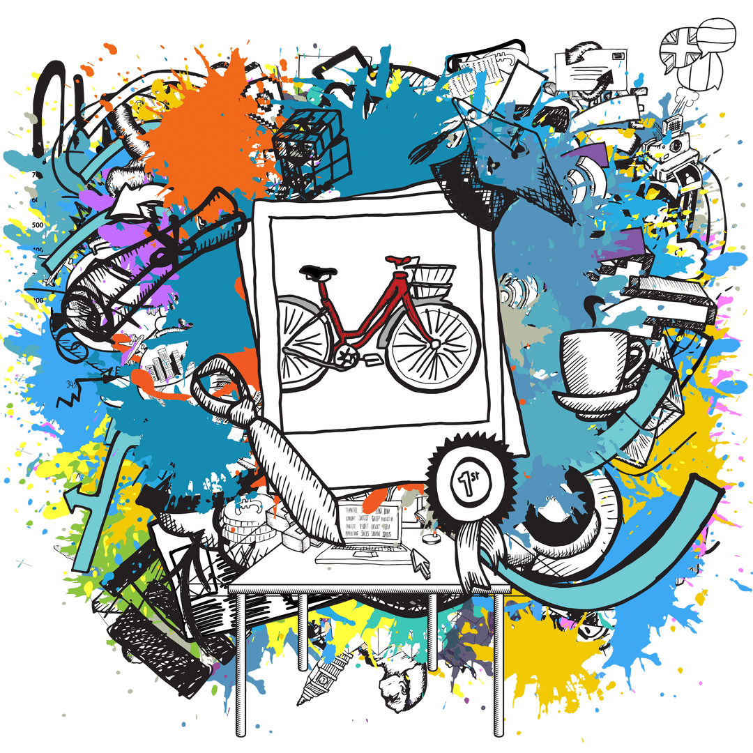 Transparent Bicycle Sketch with Vibrant Creative Elements