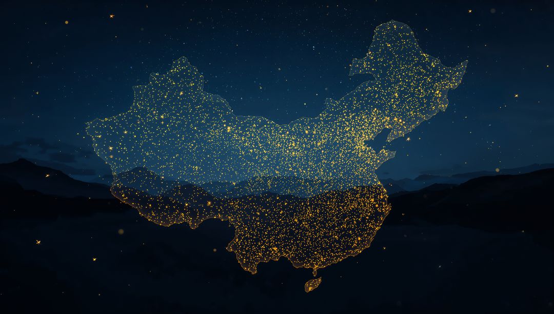 Abstract Digital Map of China Made from Particles Illuminated in Night