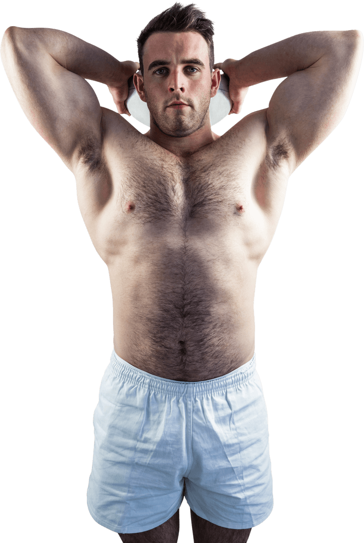 Muscular Rugby Player Holding Ball with Strong Pose Transparent Background