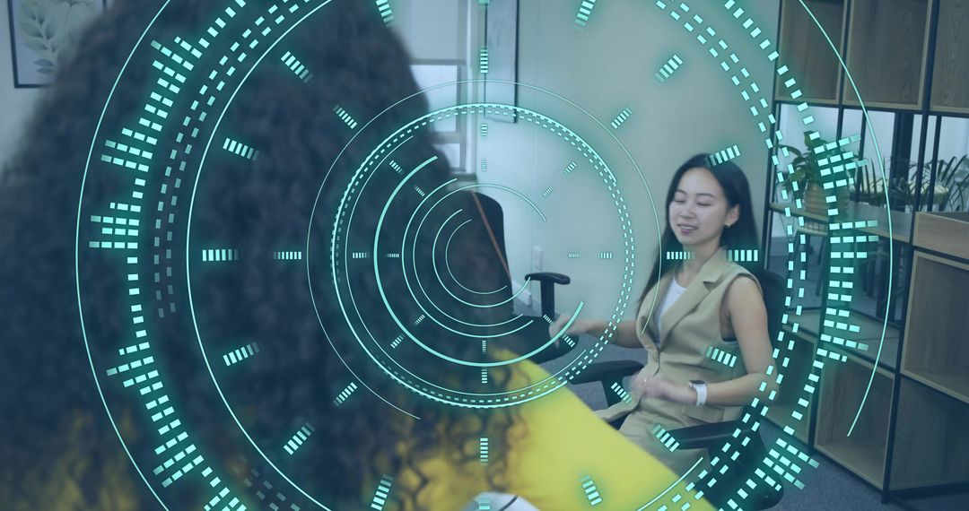 Office Collaboration with Technological Overlay Displaying Data Scan