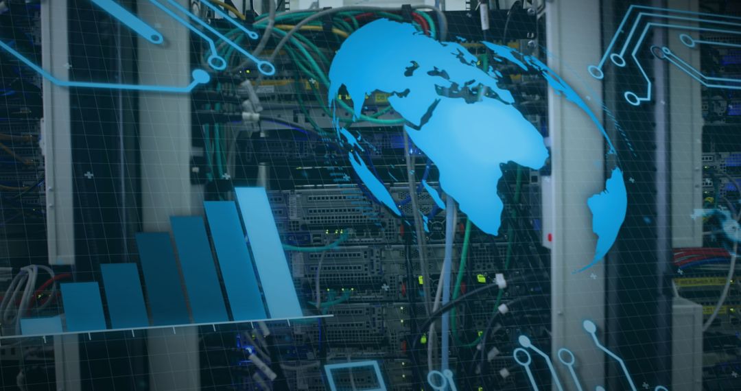 Digital Network Globe and Data Charts Overlaying Servers