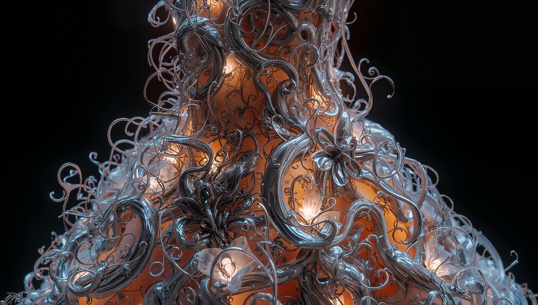 Ornate Metallic Filigree Chandelier with Glowing Amber Glass Bulbs and Curving Wirework