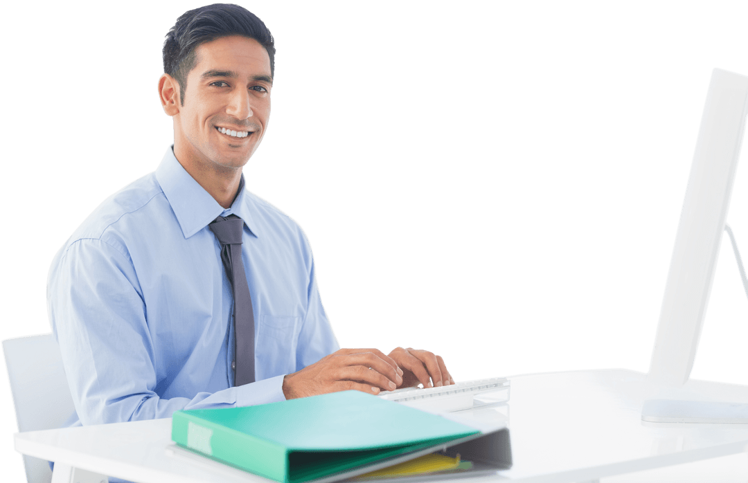 Transparent Startup Entrepreneur Sitting at Computer Desk Smiling