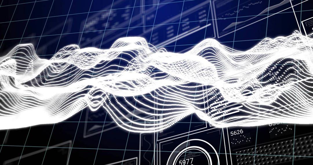 Animating luminous waveform mesh flowing across futuristic data dashboard interface