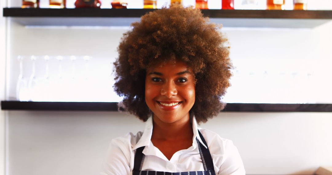 Confident Waitress Smiling in Upscale Restaurant Setting