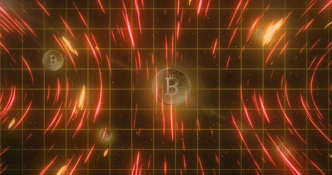 Vibrant Light Trails Over Grid with Bitcoin Symbols