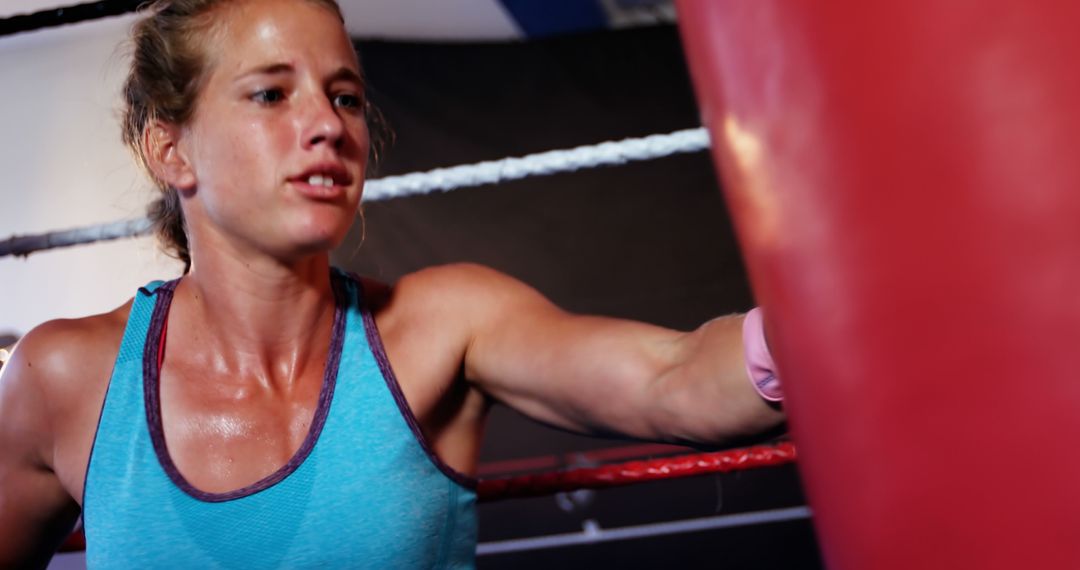 Determined Female Boxer Training with Punching Bag in Boxing Ring - Free Images, Stock Photos and Pictures on Pikwizard.com