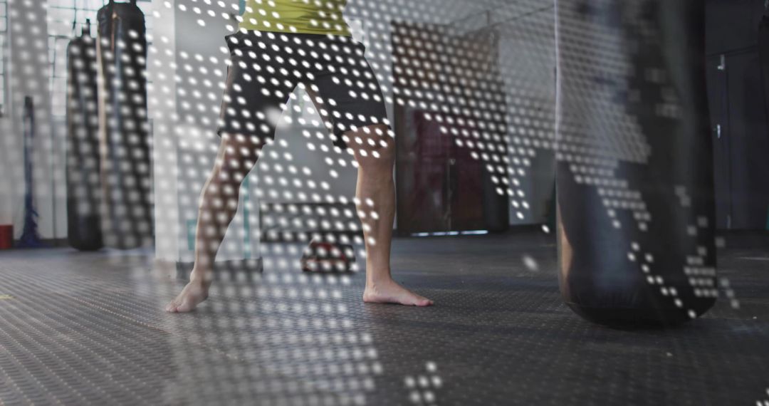 Athlete Practicing Boxing Stance with World Map Overlay