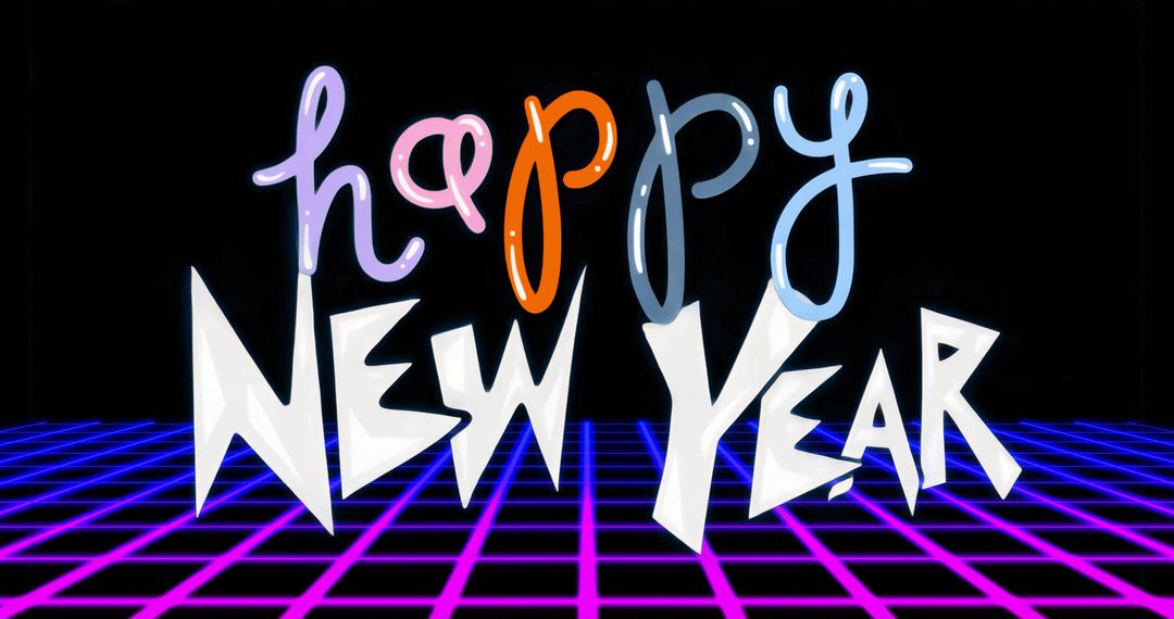 Glowing Retro Neon Happy New Year Lettering Over Magenta-Blue Grid Synthwave Backdrop