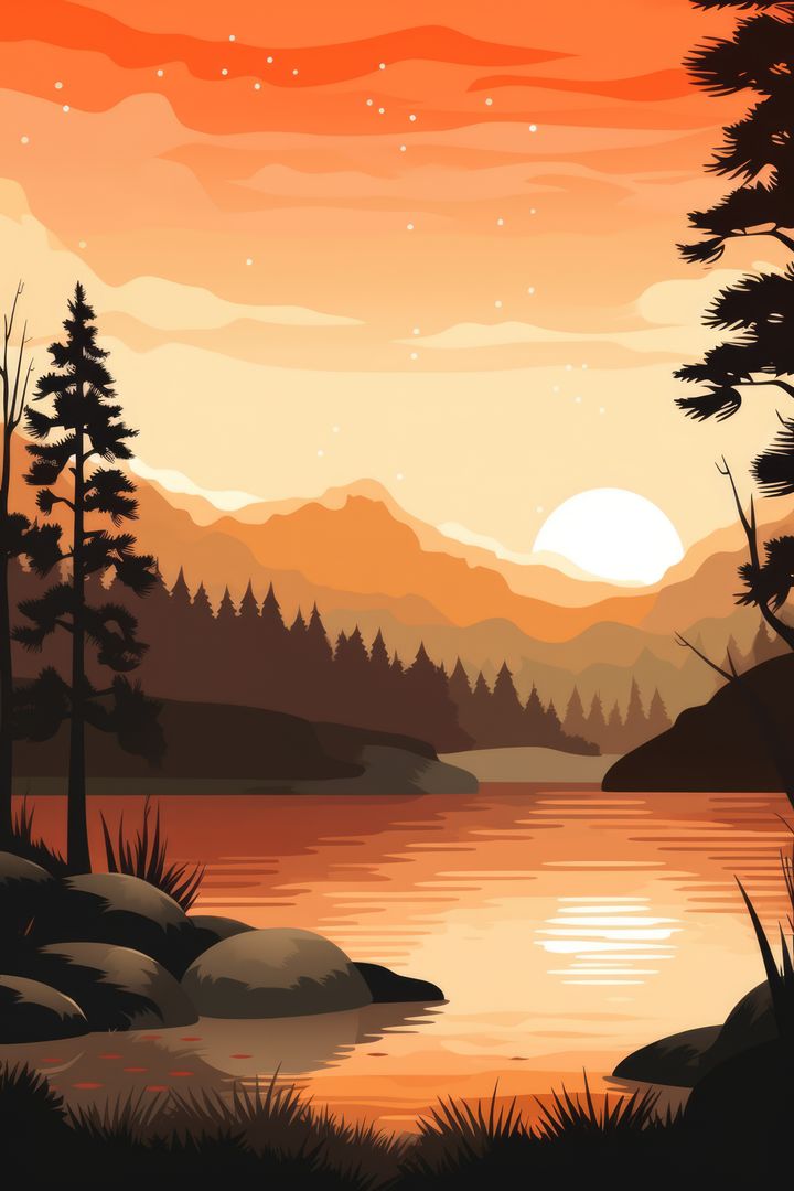 Colorful Sunset over Tranquil Lake with Pine Trees and Mountains - Free Images, Stock Photos and Pictures on Pikwizard.com