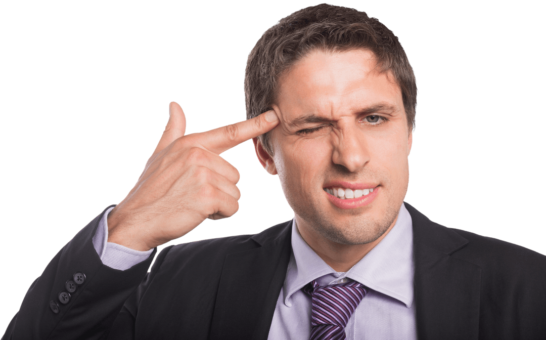Businessman Making Gun Gesture at Temple on Transparent Background